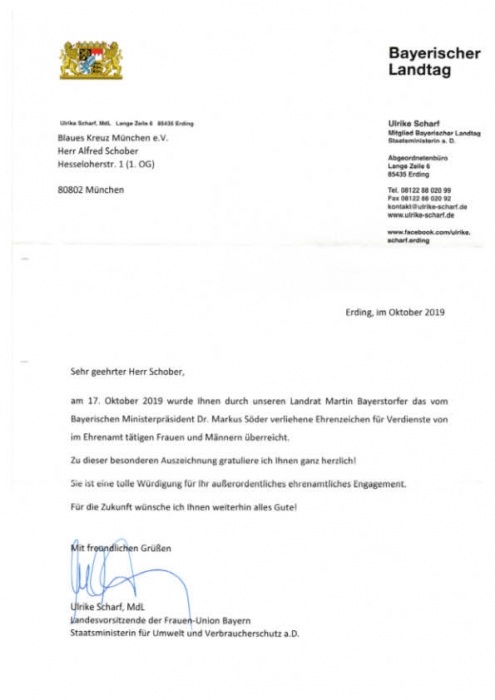 Ehrung Alfred Schober 2019 Urkunde